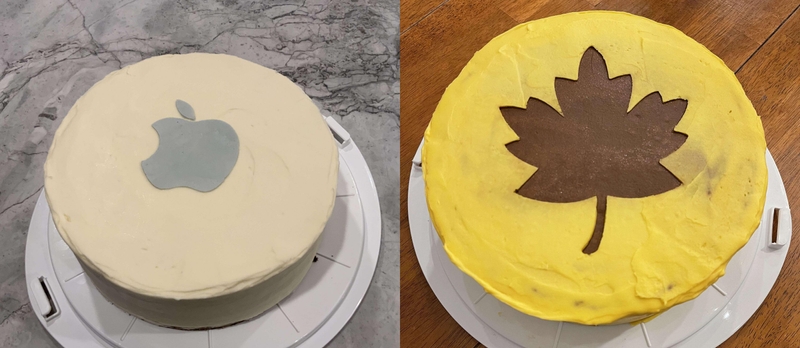 Figure 2: Left: cake with a frosting added above the top layer. Right: cake with frosting removed from the top layer. Cake stencil CAD drawing